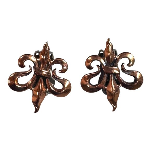 Vintage Renoir Copper Fleur-De-Lis Clip-On Earrings MCM Retro Mid Century - Picture 1 of 6